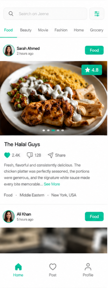 Jeene feed screen showing reviews